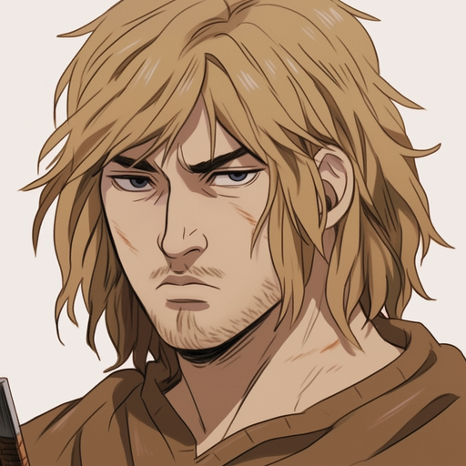 Serious-looking Thorfinn with his distinctive hair, ready for adventure.