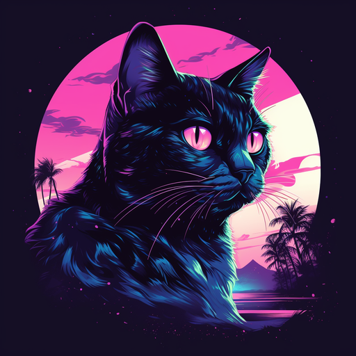 Vibrantly colored vaporwave-inspired feline profile picture