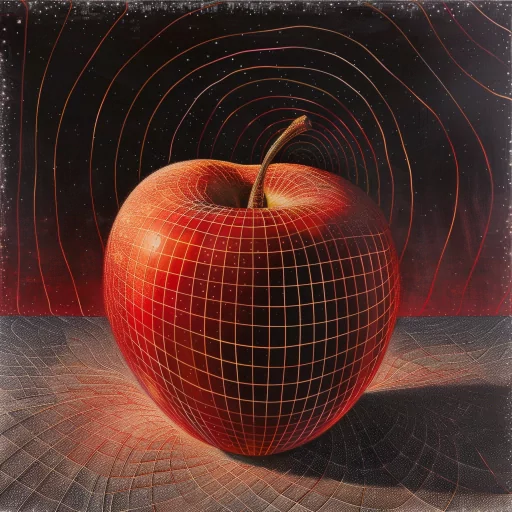 Digital avatar of a stylized red apple with a grid overlay against an abstract cosmic background for use as a profile picture.