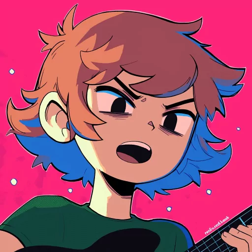 Scott Pilgrim inspired avatar with a stylized cartoon character on a pink background, perfect for a profile photo or PFP.