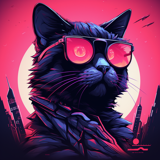 Retrowave-style profile picture of a sleek black cat