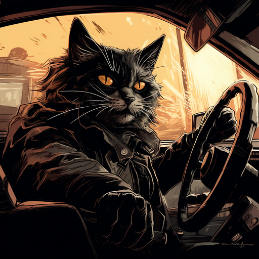 A cool black cat behind the wheel, ready to hit the road in style.