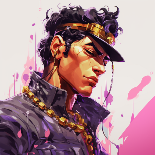 Mysterious and stylish character portrait inspired by JoJo's Bizarre Adventure.