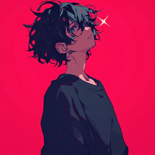 Anime boy profile picture with a striking red background, featuring a stylized character with black hair and a contemplative expression.