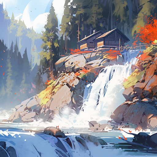 A beautiful, colorful scenery with flowing water, capturing the essence of aesthetic anime.