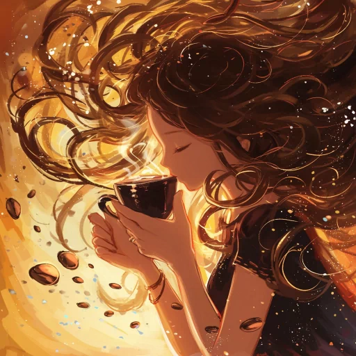 Illustration of a serene profile picture featuring a person savoring the aroma of a steaming coffee cup, surrounded by a swirl of coffee beans and a warm, golden ambiance.