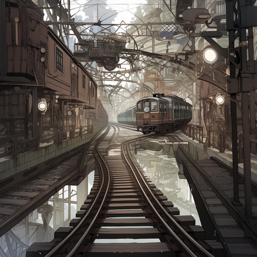 Animated girl sitting on train tracks in a steampunk-inspired cityscape.
