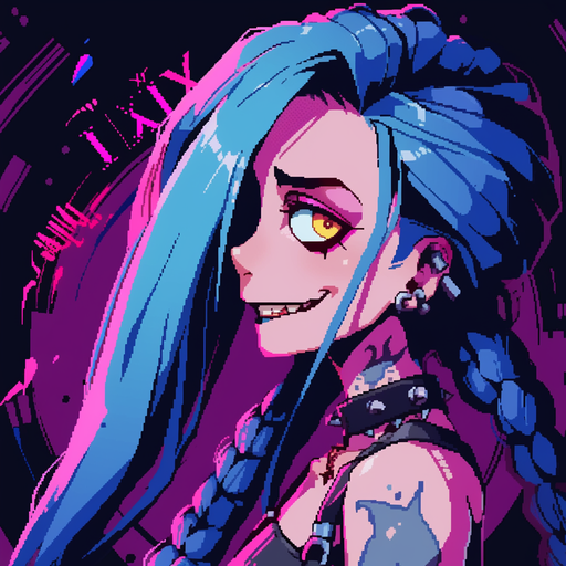 Colorful 8-bit artwork of Jinx in a pixelated style.