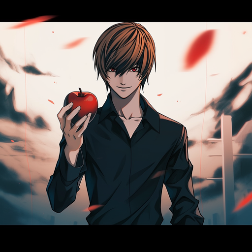 Light Yagami from Death Note holding an apple, with a serious expression.