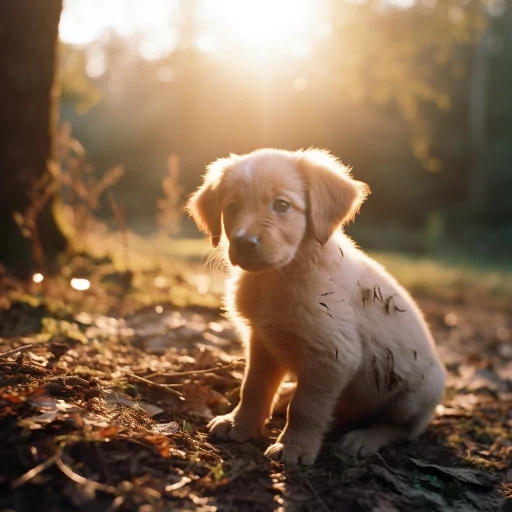Adorable golden retriever puppy profile photo with warm sunlight filtering through trees.