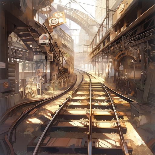 Steampunk-inspired monochrome anime cityscape with train tracks.