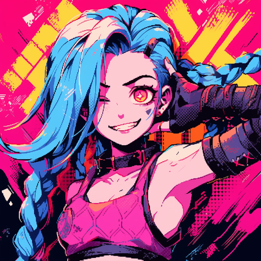 Jinx in 8-bit pixel art style portrait.