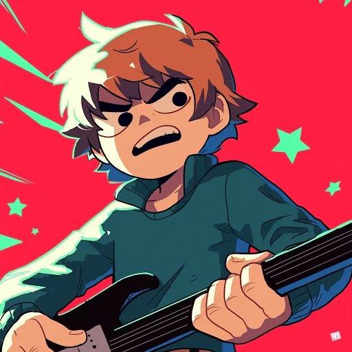 Stylized Scott Pilgrim avatar with a dynamic pose holding a guitar against a vibrant red background with starburst accents.