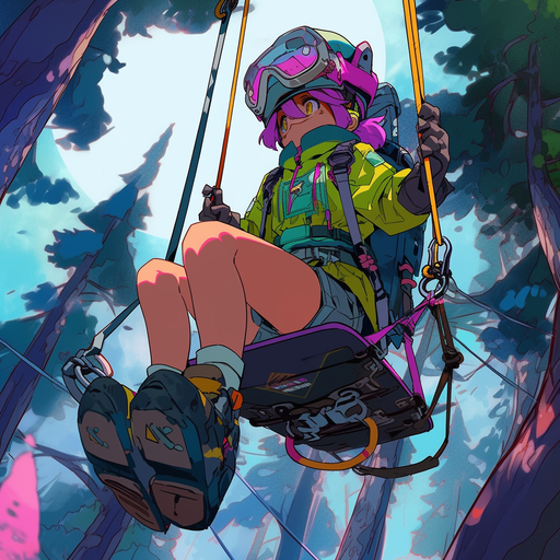 Anime character with vibrant colors standing in a forest surrounded by a zipline.