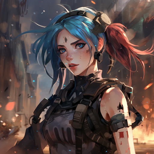 Jinx profile picture with a war background depicting a character with an intense expression.