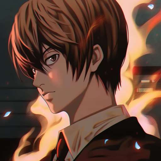 Light Yagami, a character with intense gaze, surrounded by a vibrant aura.