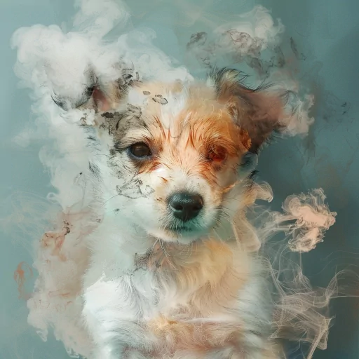 Artistic puppy profile picture with a smoky effect on a teal background.