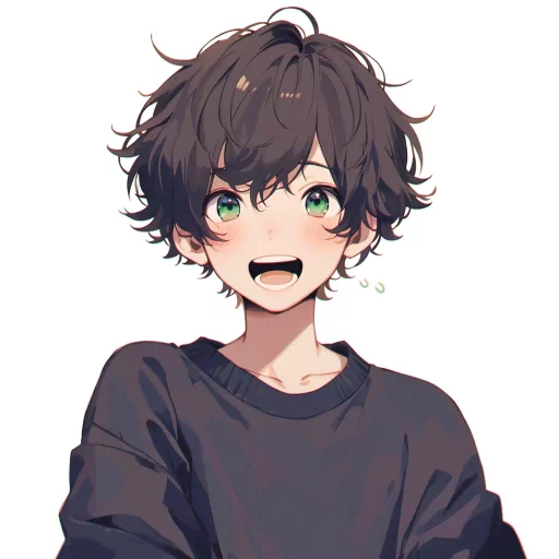 Anime boy with green eyes and messy brown hair for profile photo/avatar.