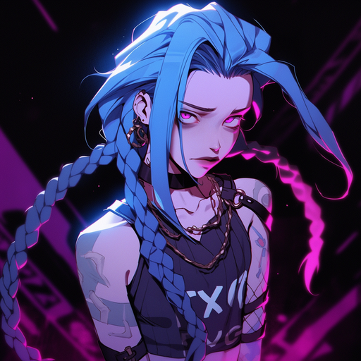 Anime-inspired cyberpunk artwork featuring Jinx, with vibrant colors and a futuristic aesthetic.