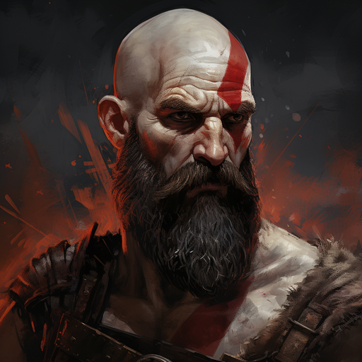 Kratos, the God of War, portrayed in artistic style with mild colors.