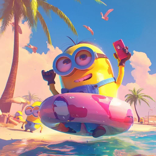 Minion character profile picture with a tropical beach background.