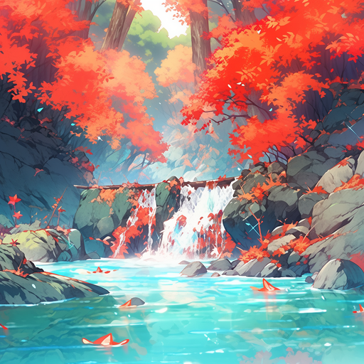 Colorful anime scenery with flowing water and rainbow colors.