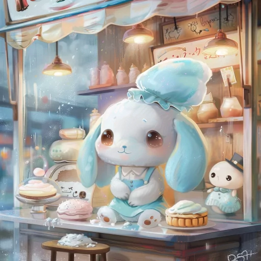 Cute Cinnamoroll avatar with a whimsical bakery theme, featuring the character inside a sweet shop surrounded by delightful pastries.