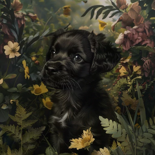 Cute black puppy profile photo with a floral background for avatar use.